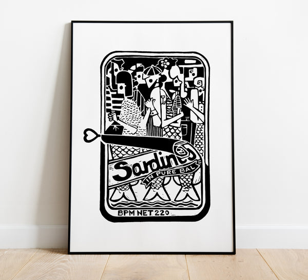 Sardines in Pure Bal / Handmade Linocut Print