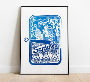 Sardines in Pure Bal / Handmade Linocut Print