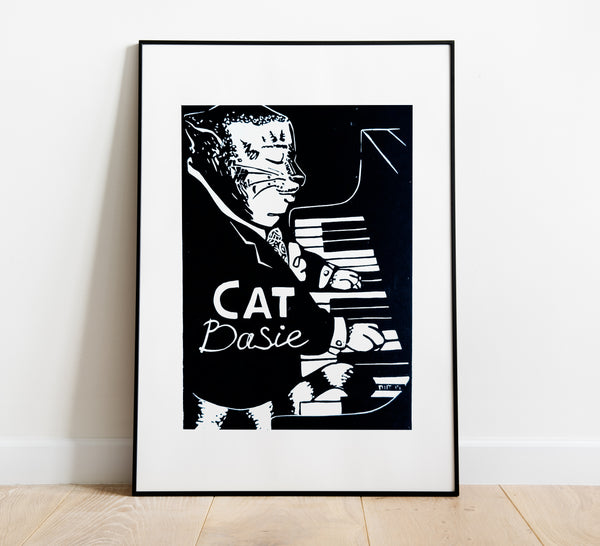 Cat Basie / Swing Cats / Linocut Print / Made by hand