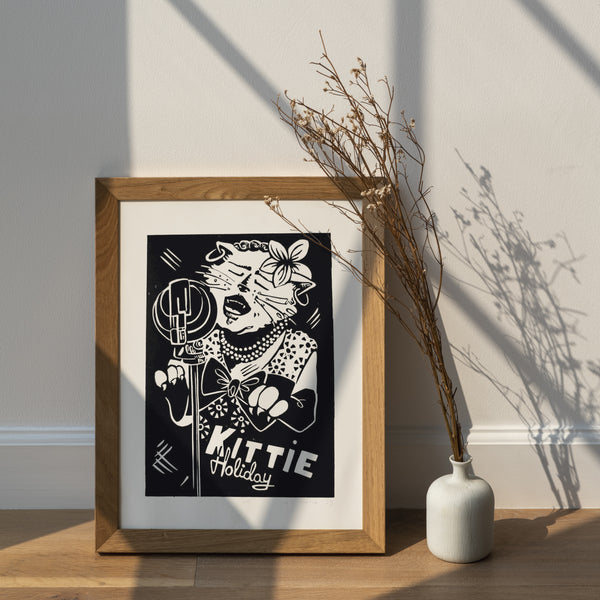 Kittie Holiday / Swing Cats / Linocut Print / Made by hand