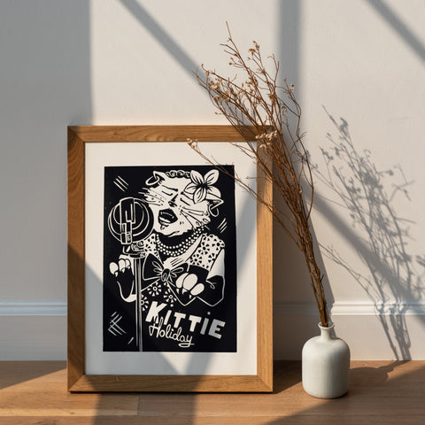 Kittie Holiday / Swing Cats / Linocut Print / Made by hand