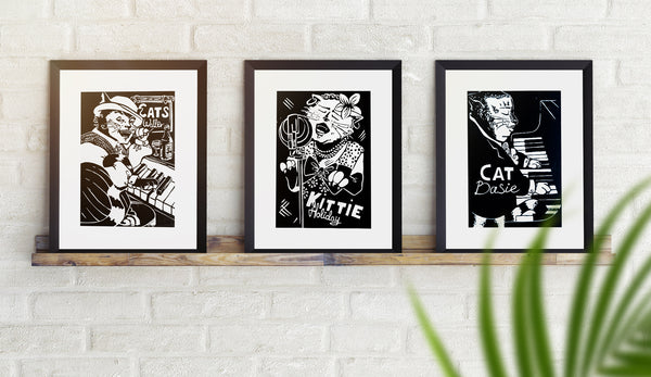 Cat Calloway / Swing Cats / Linocut Print / Made by hand