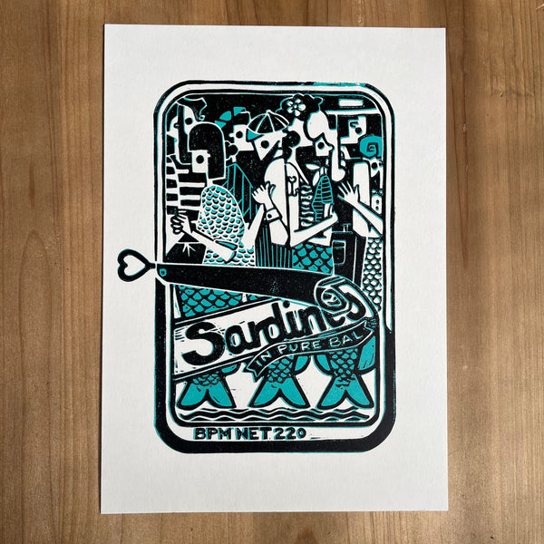 Sardines in Pure Bal / Handmade Linocut Print