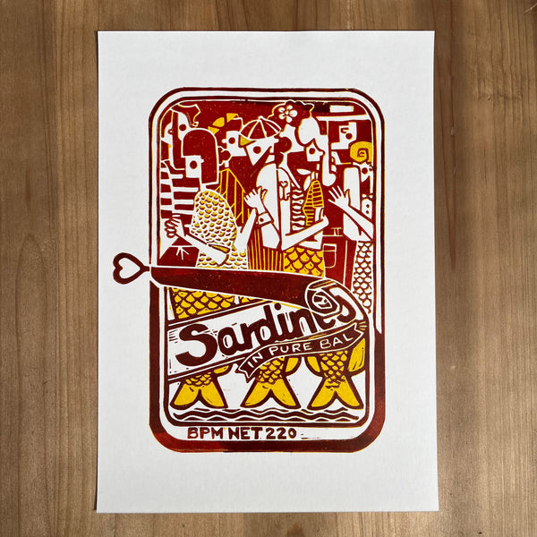 Sardines in Pure Bal / Handmade Linocut Print
